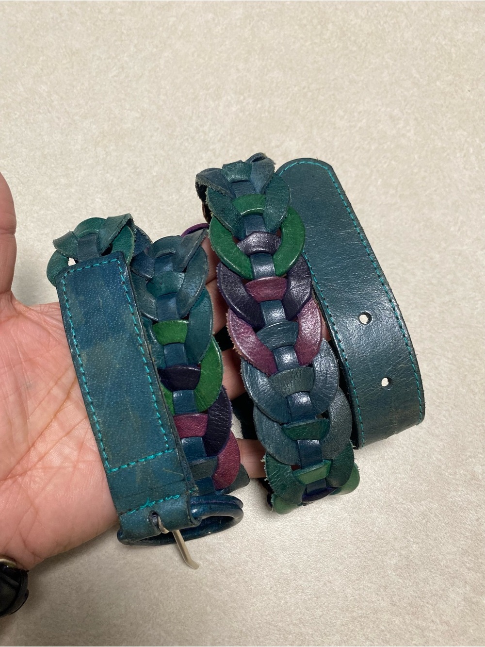 Omega Leather Belt Size Large Teal Braided Leather Belt Multicolor Accents